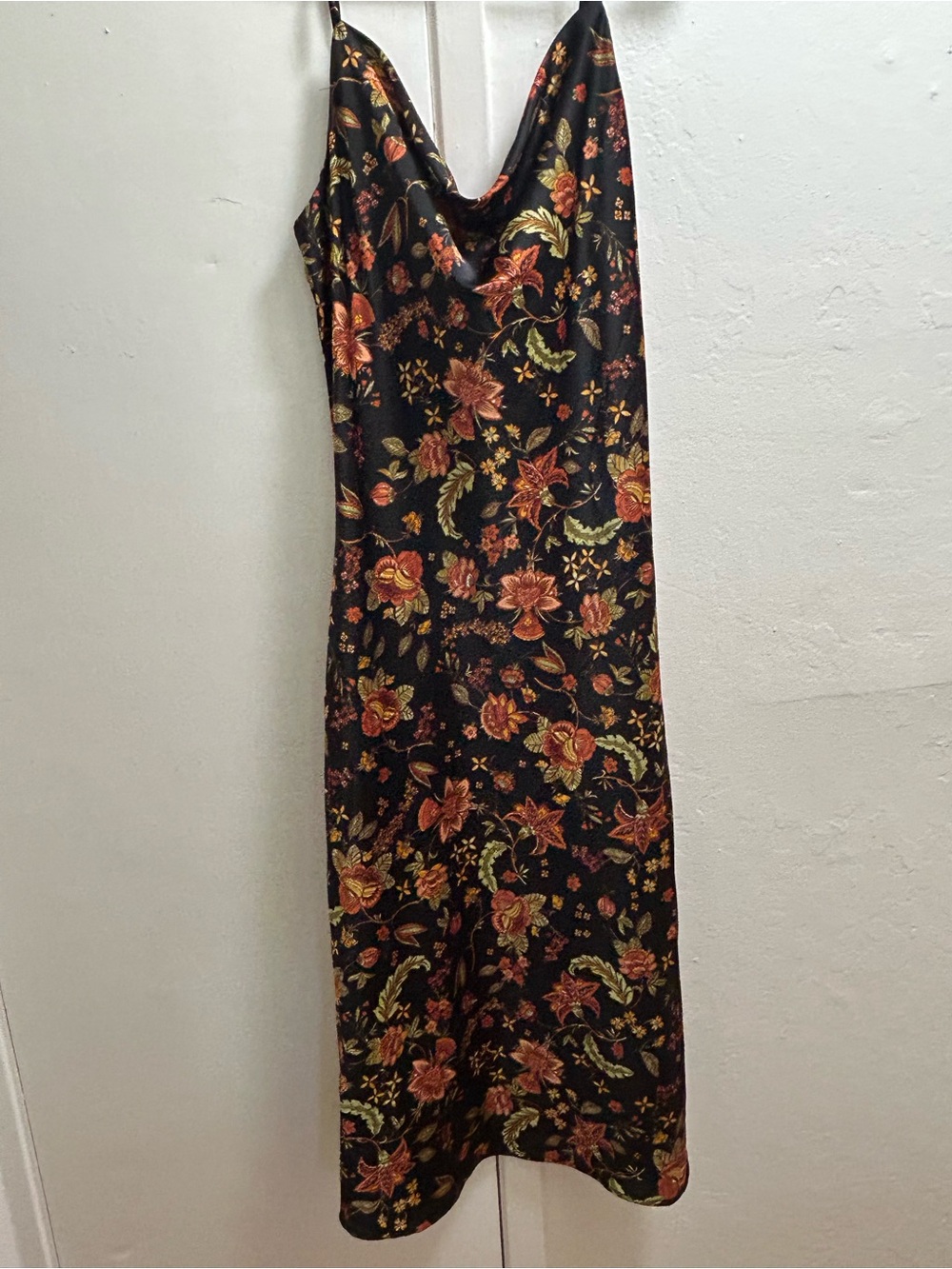 Inspired Hearts Black Slip Midi Dress with Rust & Gold Floral Print